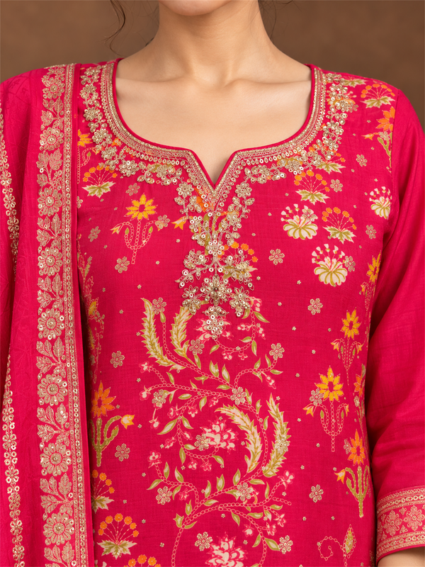 Rani Pink Floral Silk Blend Suit Set with Dupatta