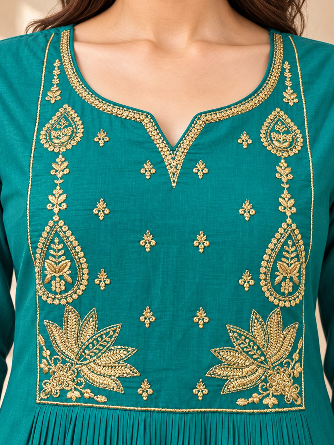 Teal Chanderi Silk Embroidered Anarkali Suit with Striped Dupatta
