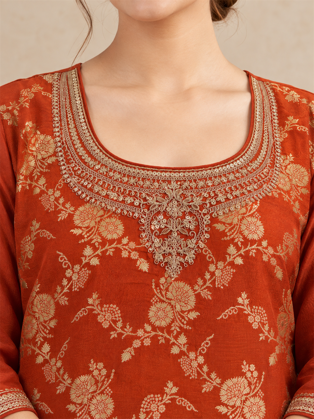 Rust Embroidered Silk Blend Sharara Suit with Dupatta