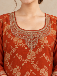 Rust Embroidered Silk Blend Sharara Suit with Dupatta