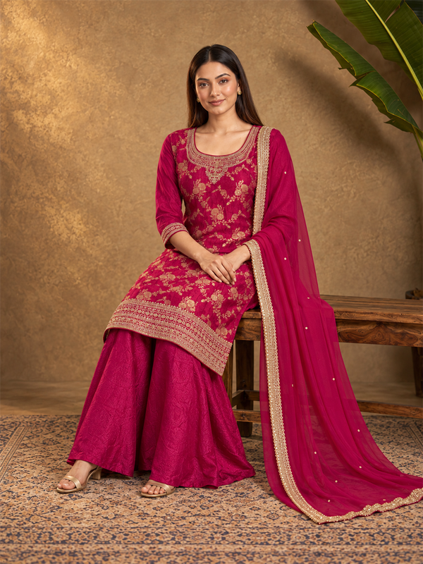 Bright Pink Embroidered Silk Blend Sharara Suit with Dupatta