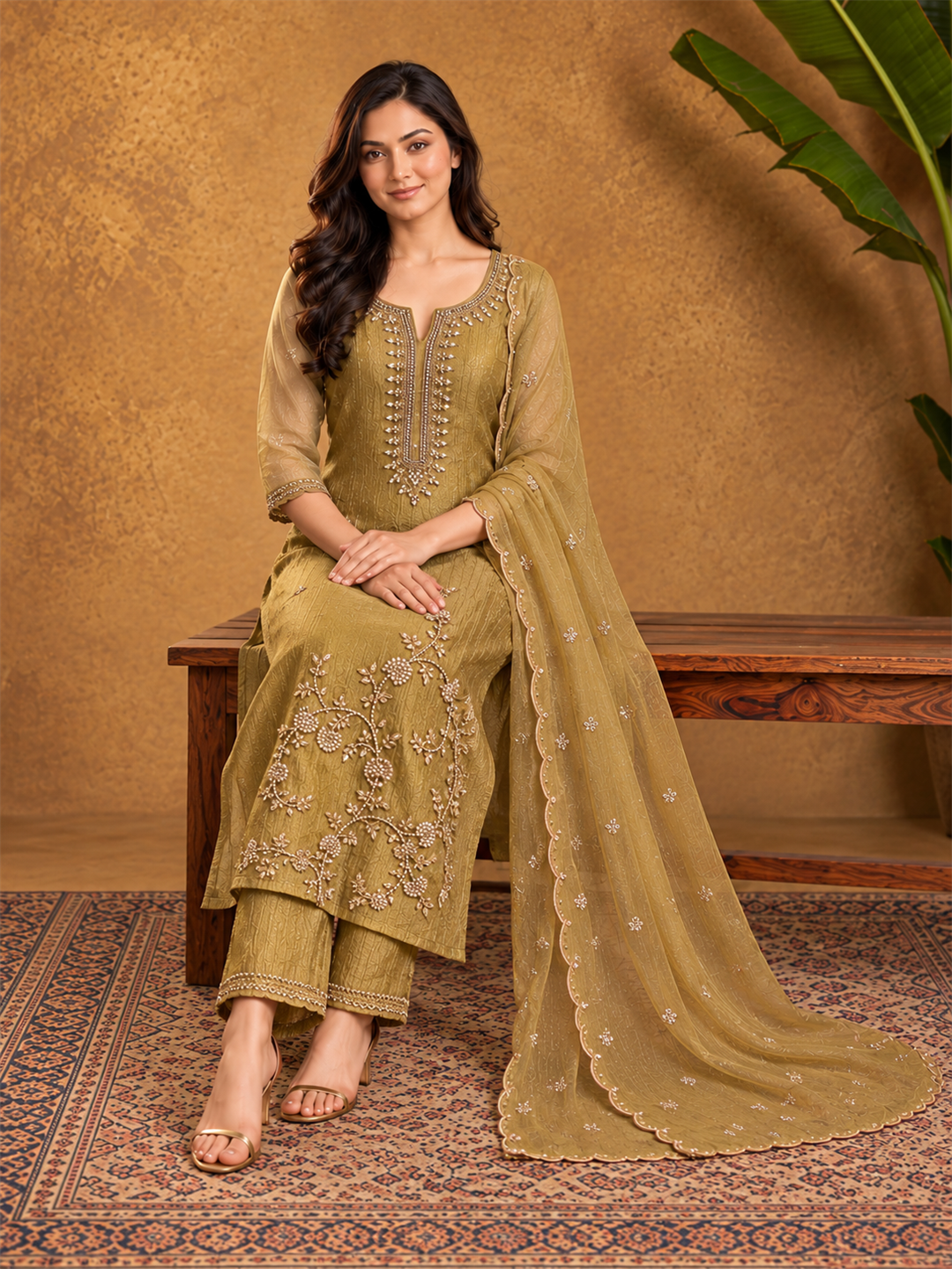 Gold Poly Silk Embroidered Kurta Palazzo Set with Dupatta