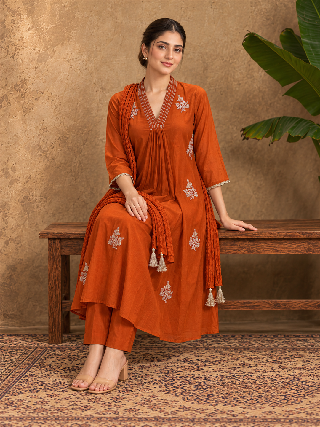 Rust Orange Mul Chanderi Embroidered Kurta Pant Set with Dupatta