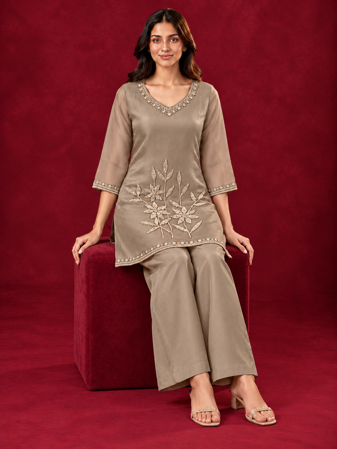 Taupe Brown Mul Chanderi Floral Embroidered Straight Kurta Set
