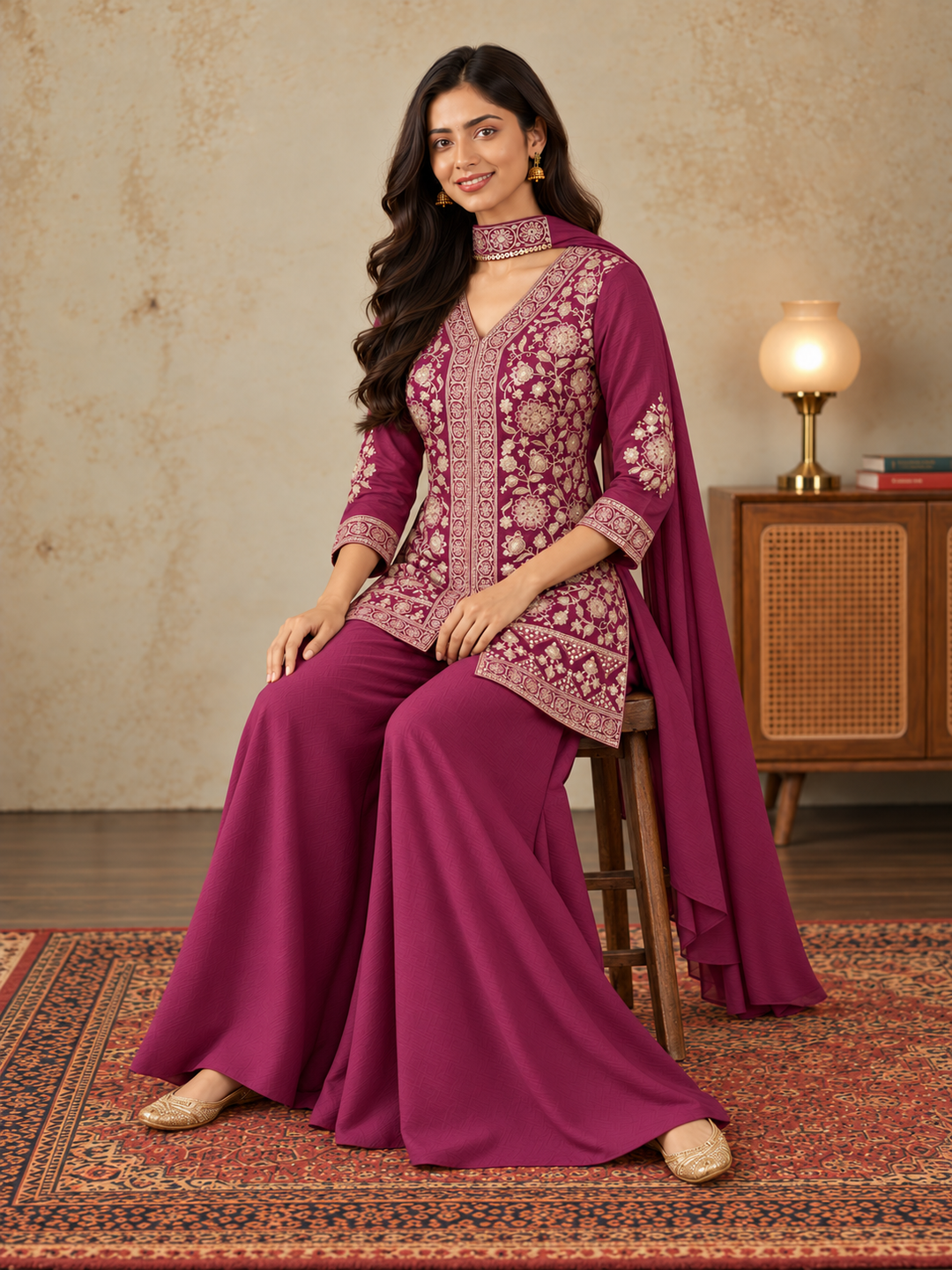Wine Pure Silk Embroidered Kurta Sharara Set with Dupatta