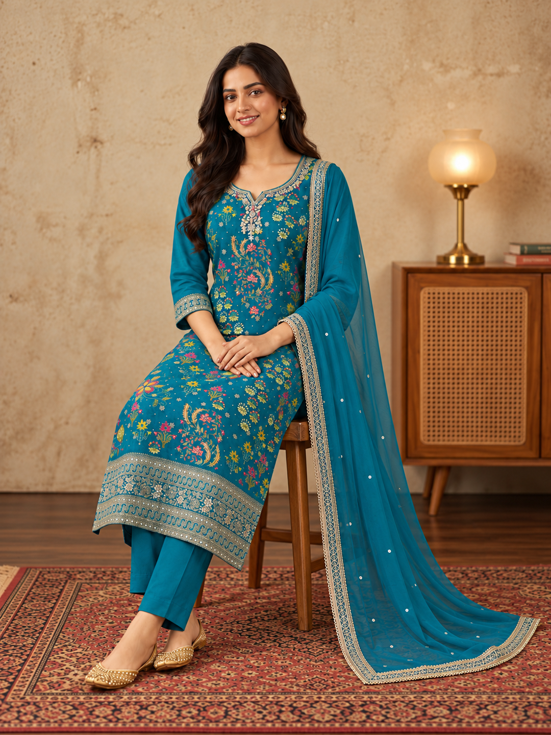 Teal Blue Embroidered Silk Blend Kurta Set with Dupatta