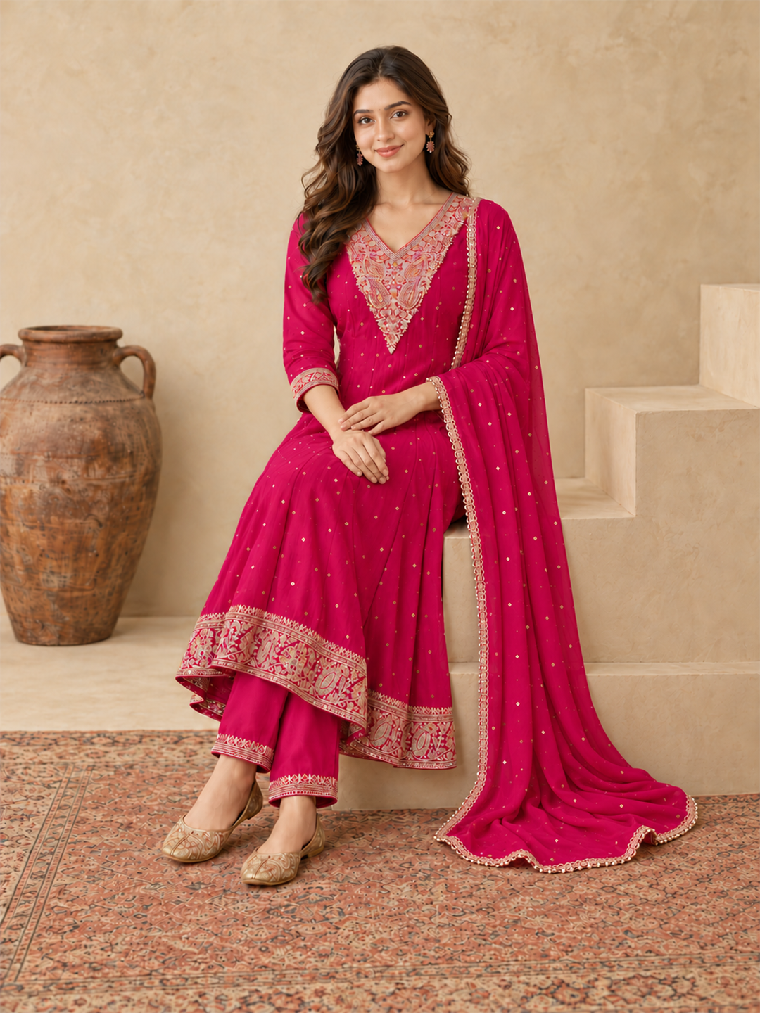 Rani Pink Chanderi Silk Golden Embroidered Anarkali Kurta Pant Set with Dupatta