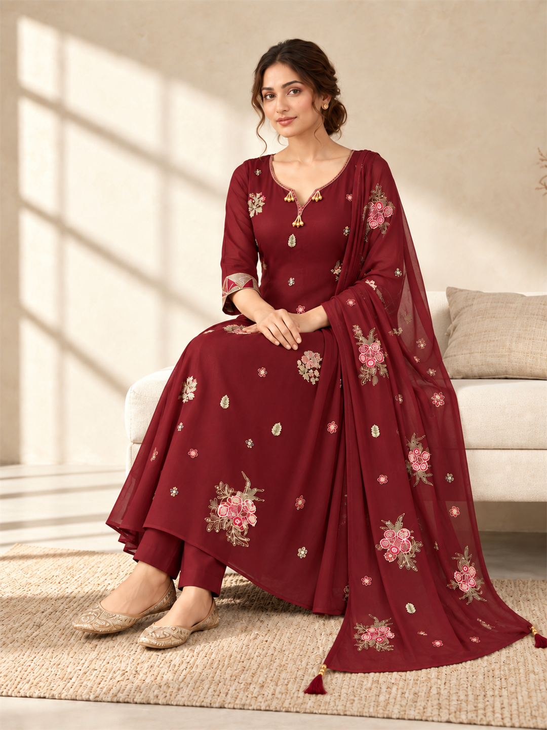 Maroon Floral Embroidered Viscose Rayon Suit Set