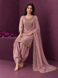 Mauve Pink Pure Silk Embroidered Punjabi Suit with Pearl-Trimmed Dupatta