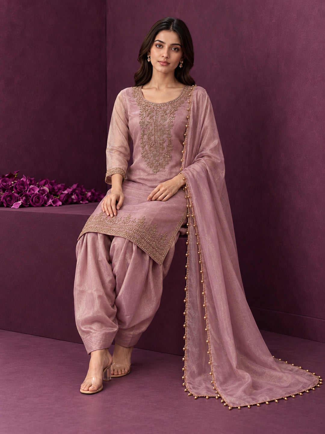 Mauve Pink Pure Silk Embroidered Punjabi Suit with Pearl-Trimmed Dupatta