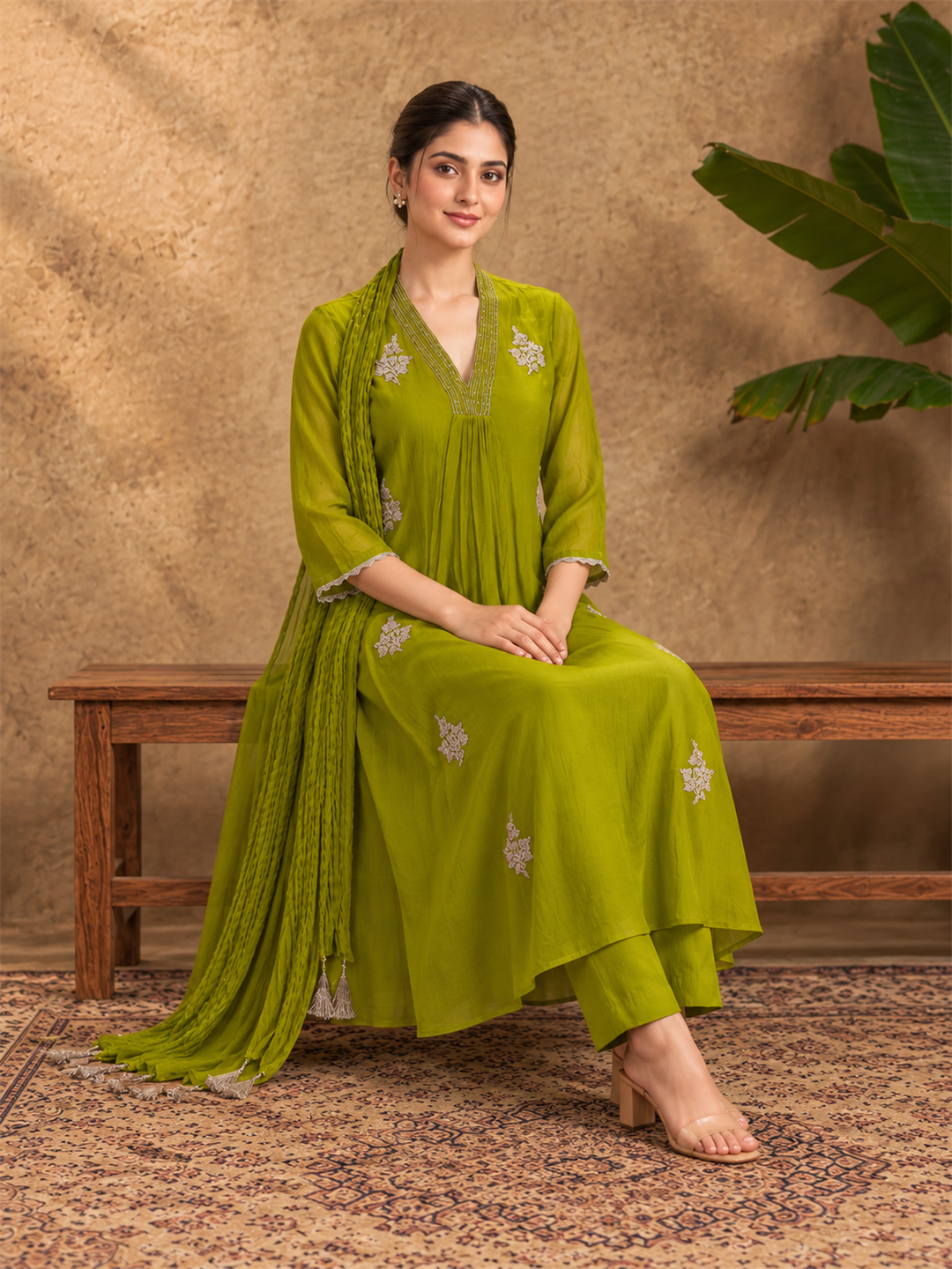 Green Mul Chanderi Embroidered Kurta Pant Set with Dupatta
