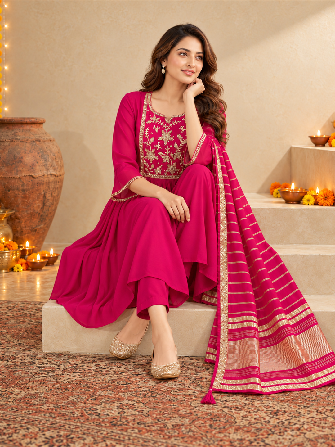 Fuchsia Pink Mul Chanderi Embroidered Kurta Pant Set with Dupatta