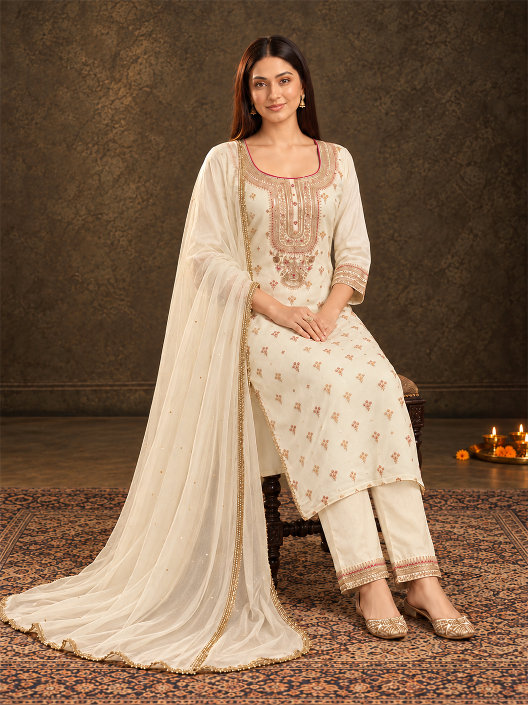Ivory Silk Blend Embroidered Kurta Pant Set with Dupatta