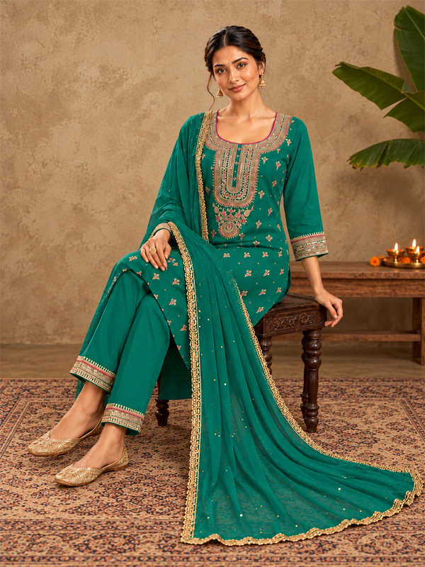 Emerald Green Embroidered Silk Blend Kurta Set with Dupatta