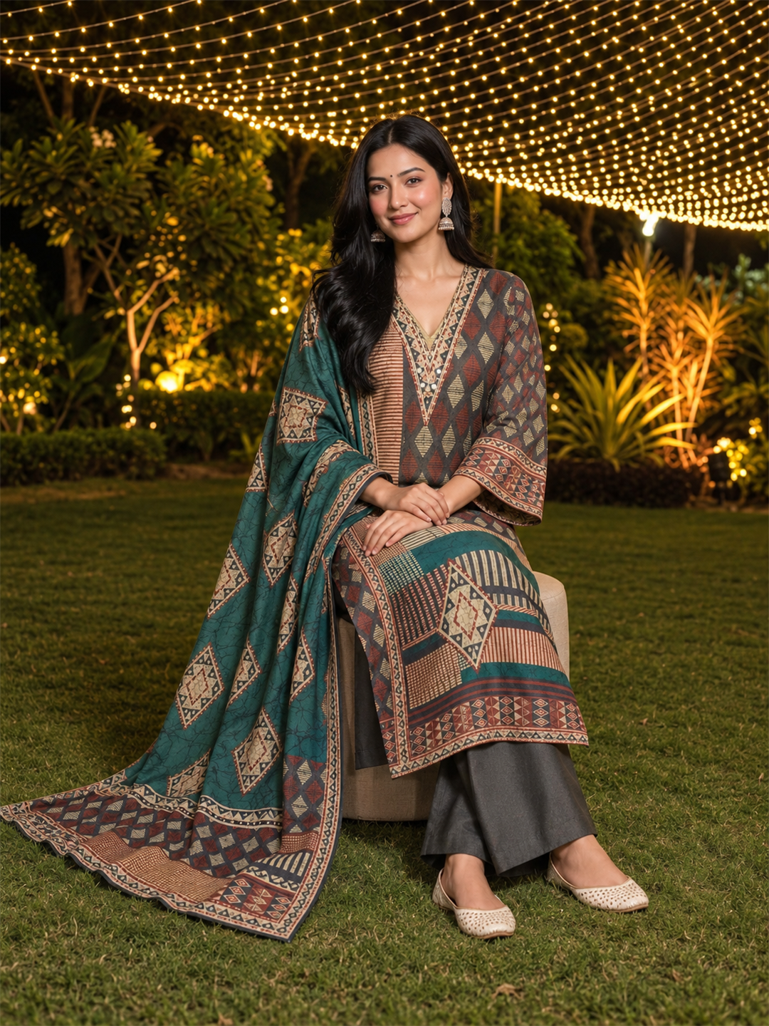 Teal Green & Charcoal Grey Geometric Printed Silk Blend Straight Kurta Trouser Set with Dupatta