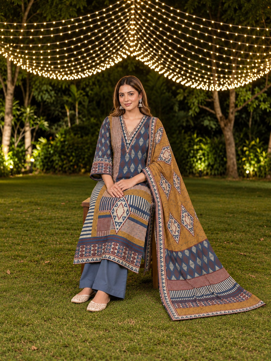 Mustard & Slate Blue Geometric Printed Silk Blend Kurta Trouser Set with Dupatta