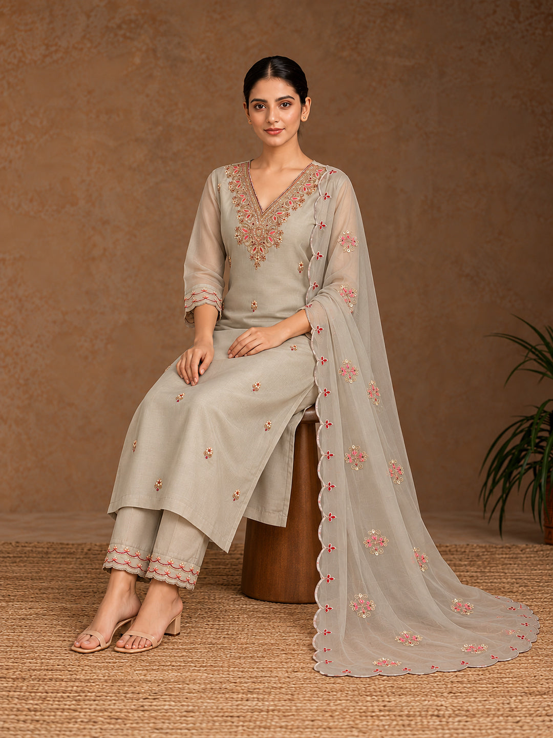 Grey Silk Blend Embroidered Straight Suit Set with Floral Dupatta