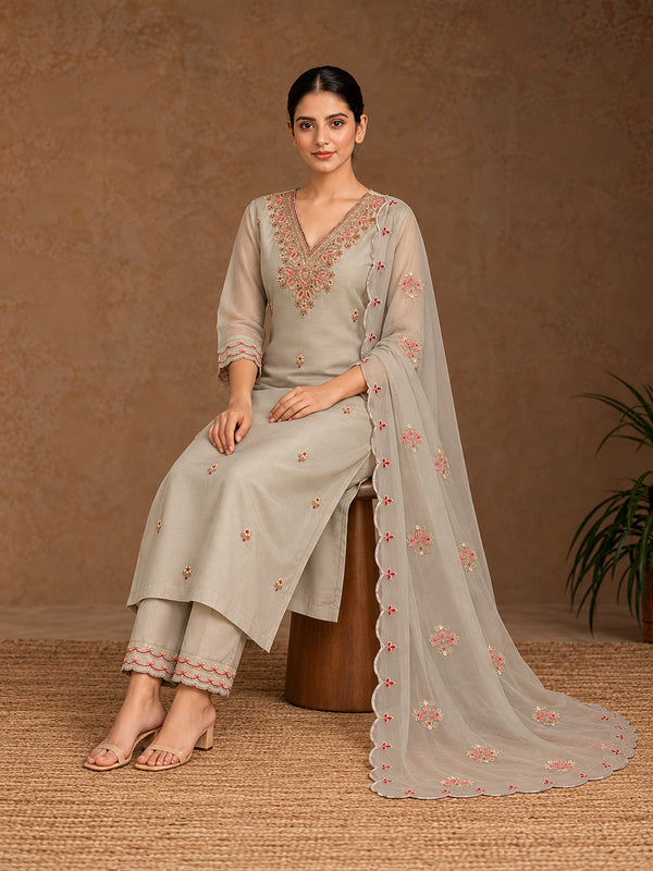 Grey Silk Blend Embroidered Straight Suit Set with Floral Dupatta