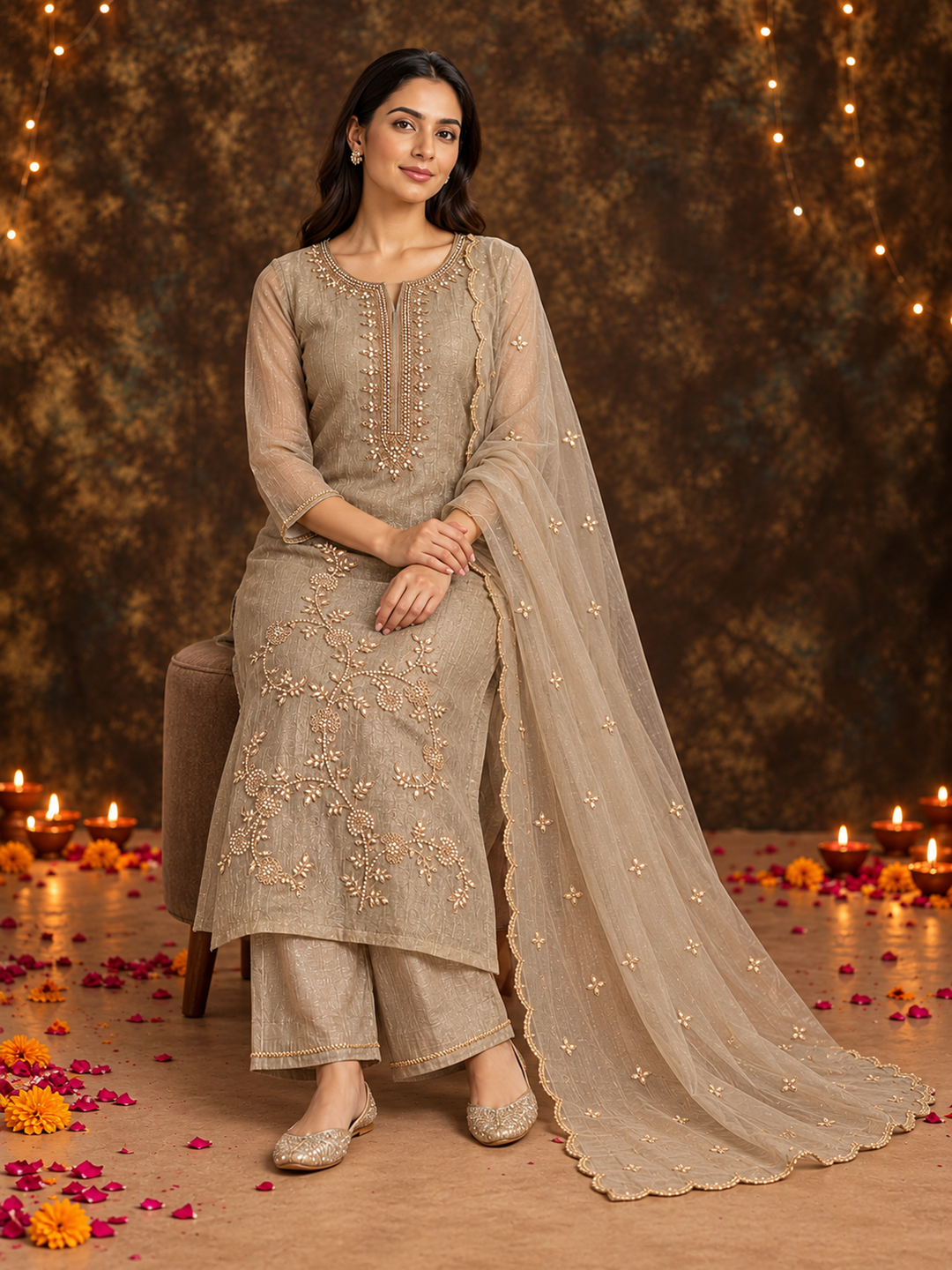Taupe Poly Silk Embroidered Kurta Palazzo Set with Dupatta