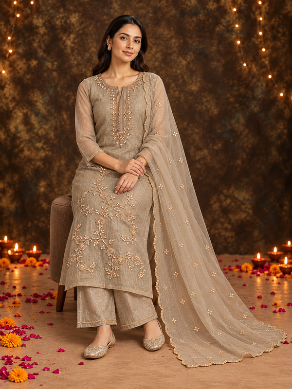 Taupe Poly Silk Embroidered Kurta Palazzo Set with Dupatta