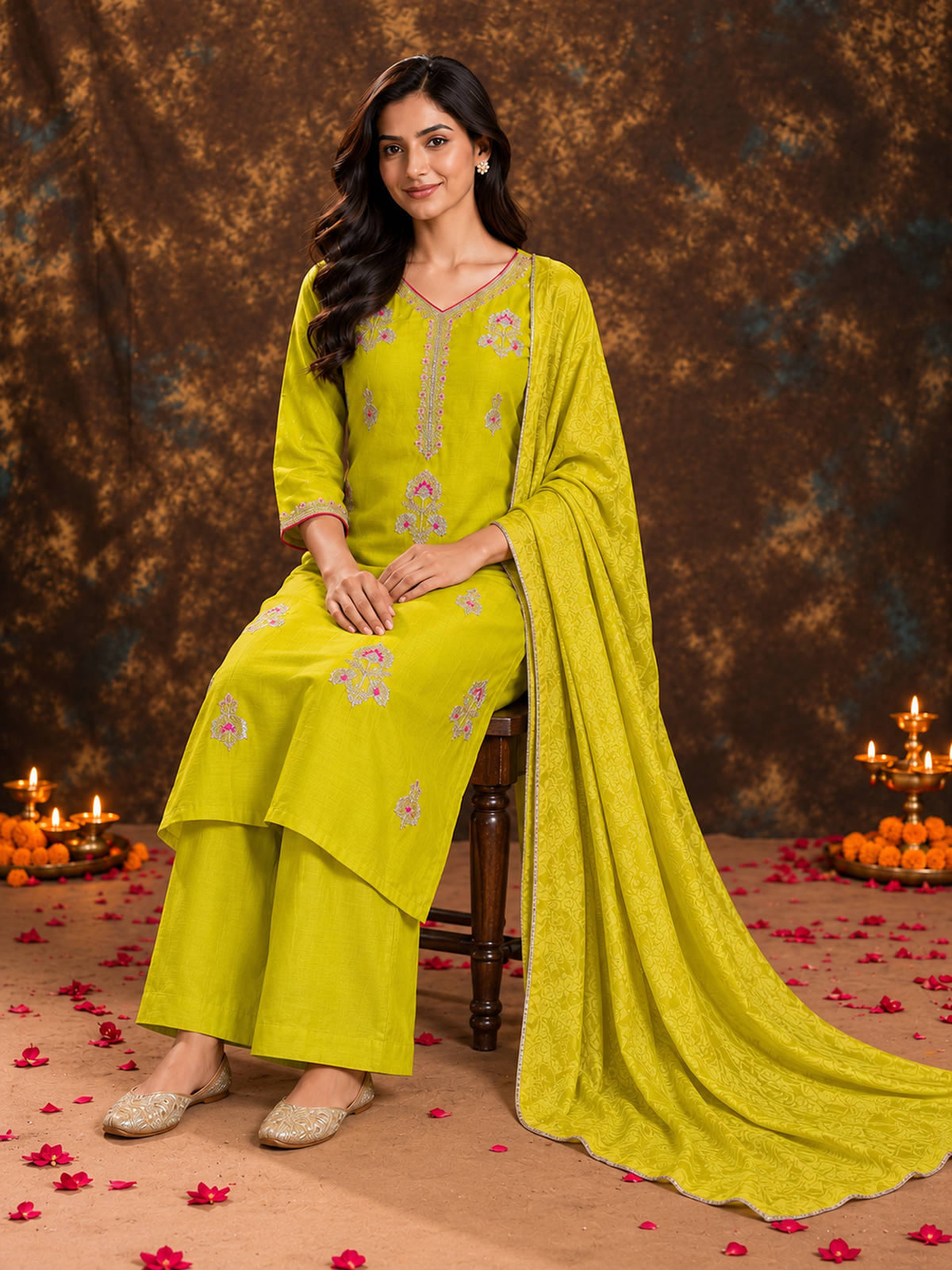Lime Yellow Silk Blend Floral Embroidered Kurta Trouser Set with Dupatta & Inner