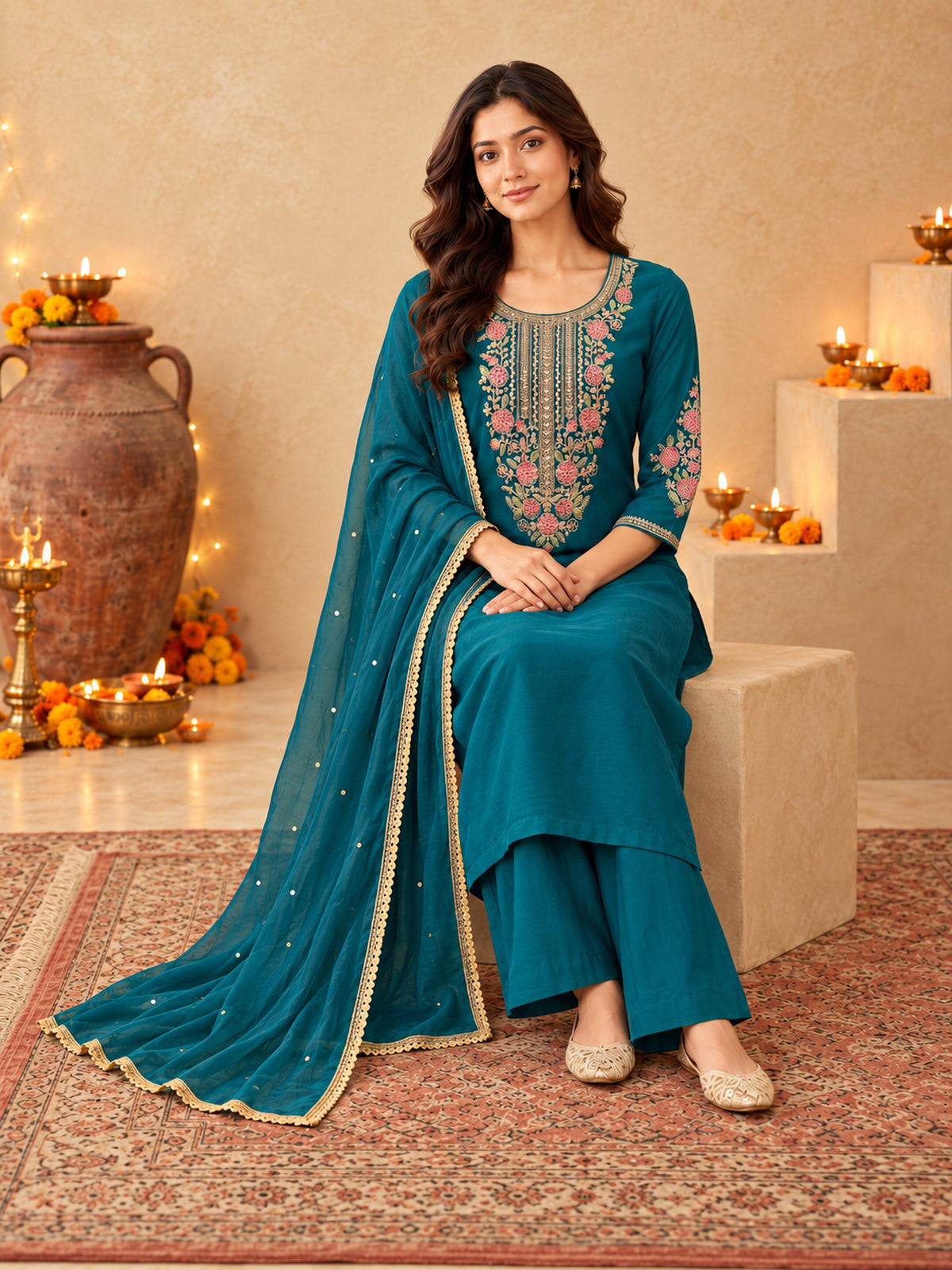 Teal Blue Silk Blend Floral Embroidered Kurta Trouser Set with Dupatta & Inner