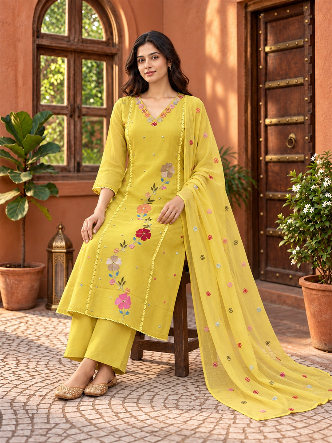 Yellow Floral Embroidered Mul Chanderi Suit Set
