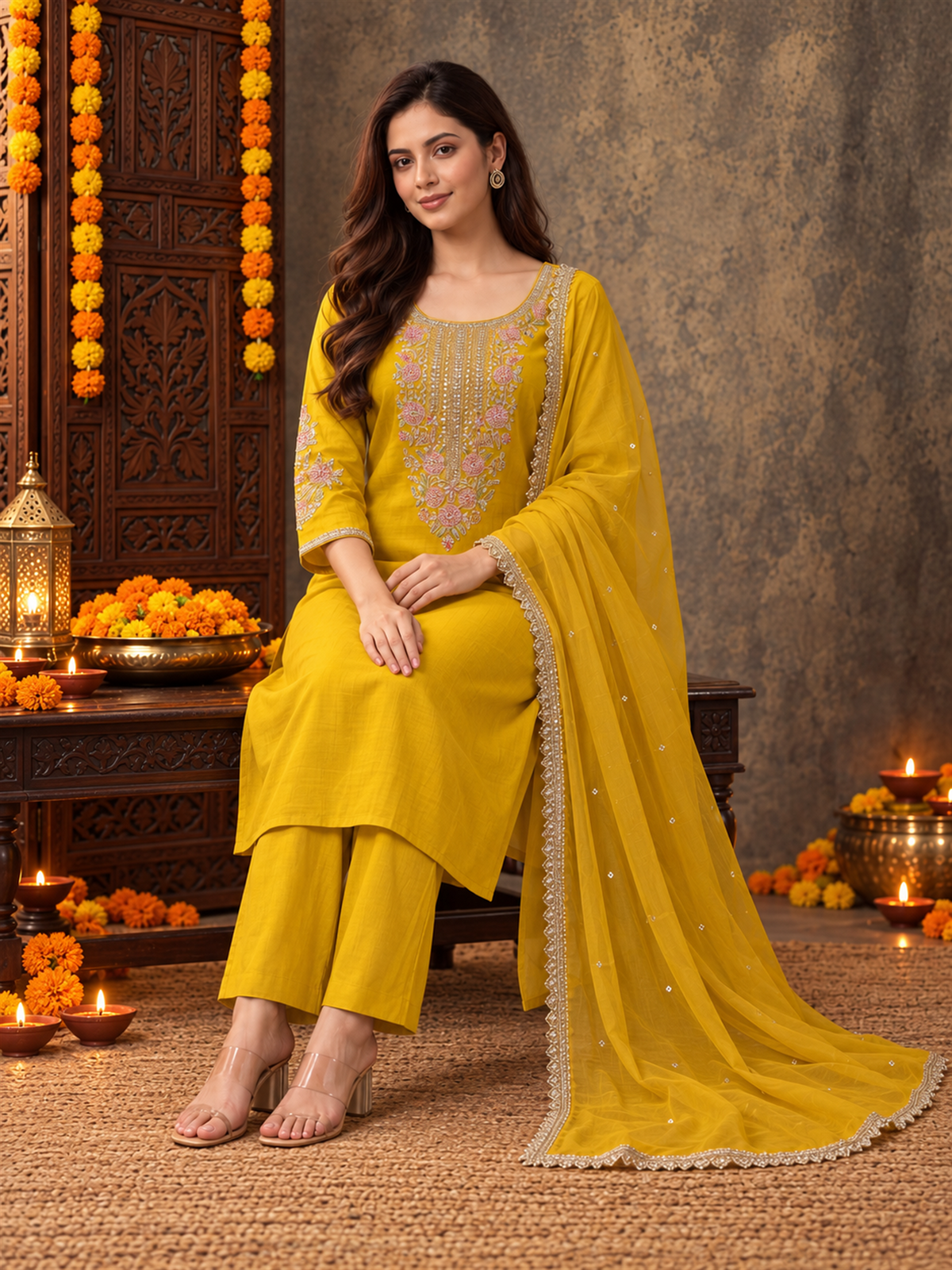 Mustard Silk Blend Floral Embroidered Kurta Trouser Set with Dupatta & Inner