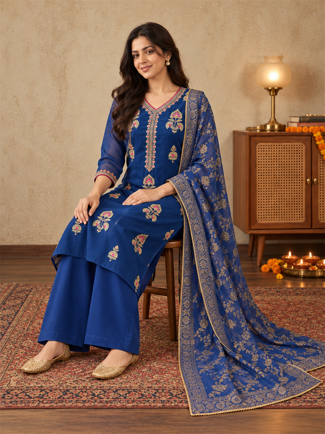 Royal Blue Silk Blend Floral Embroidered Kurta Trouser Set with Dupatta & Inner