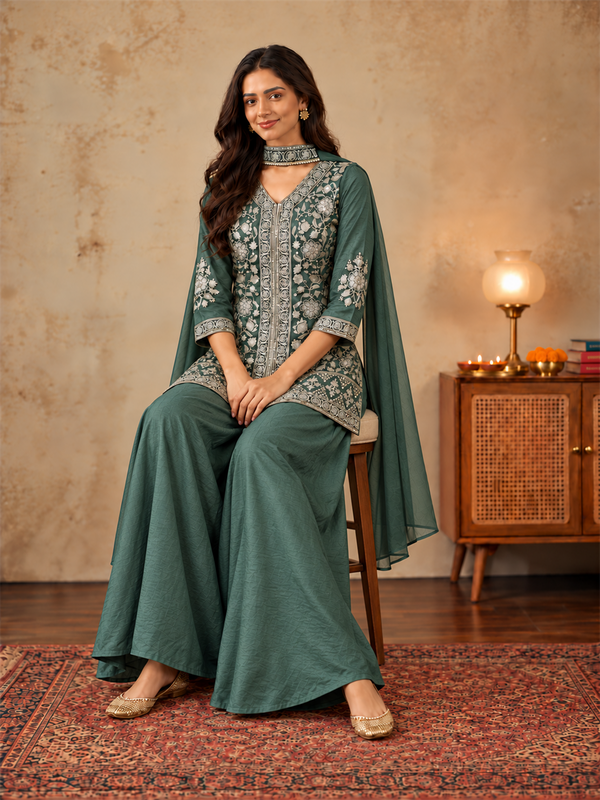 Olive Green Pure Silk Embroidered Kurta Sharara Set with Cape Dupatta