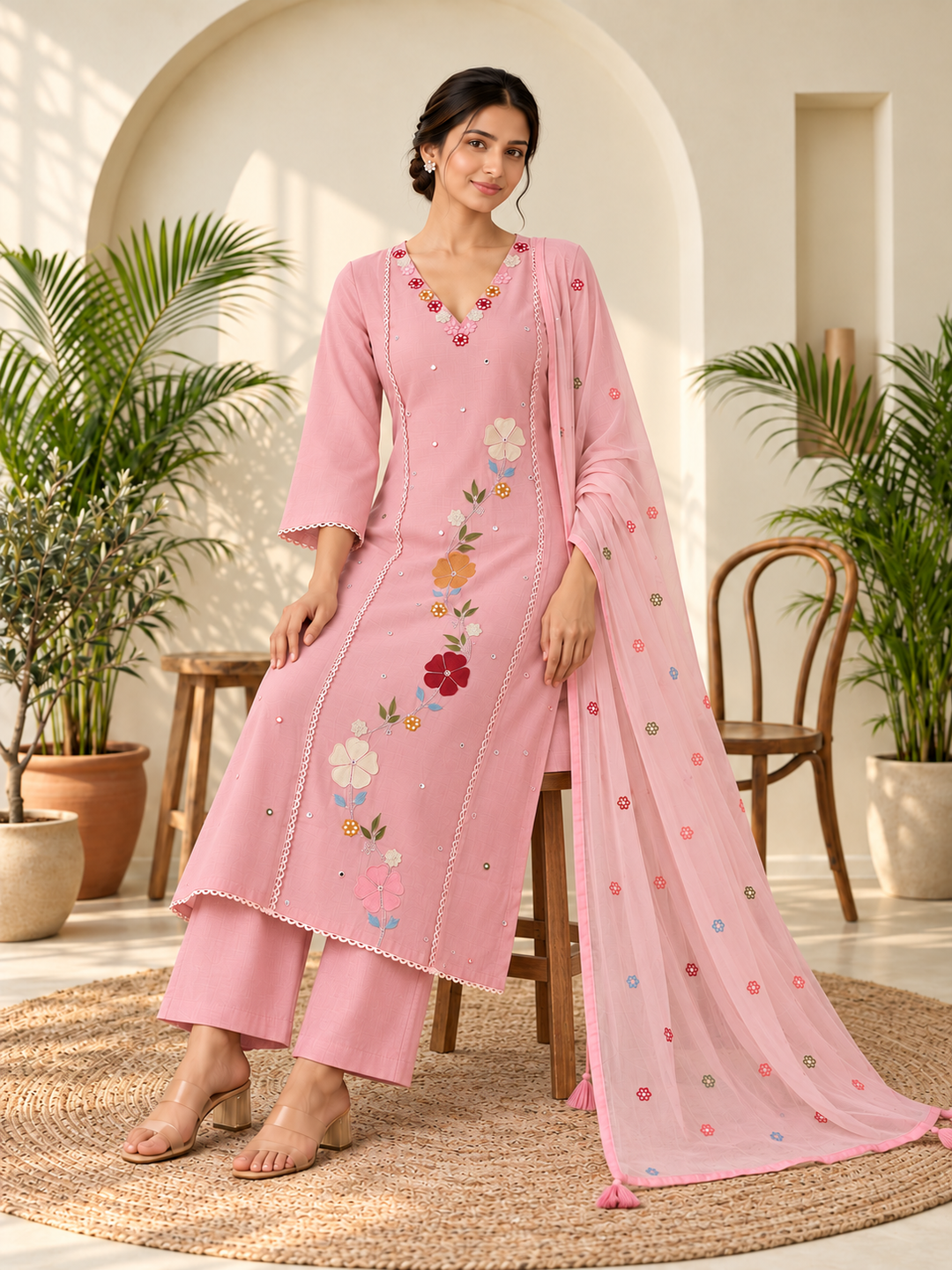 Pink Floral Embroidered Mul Chanderi Straight Kurta Trouser Set with Dupatta