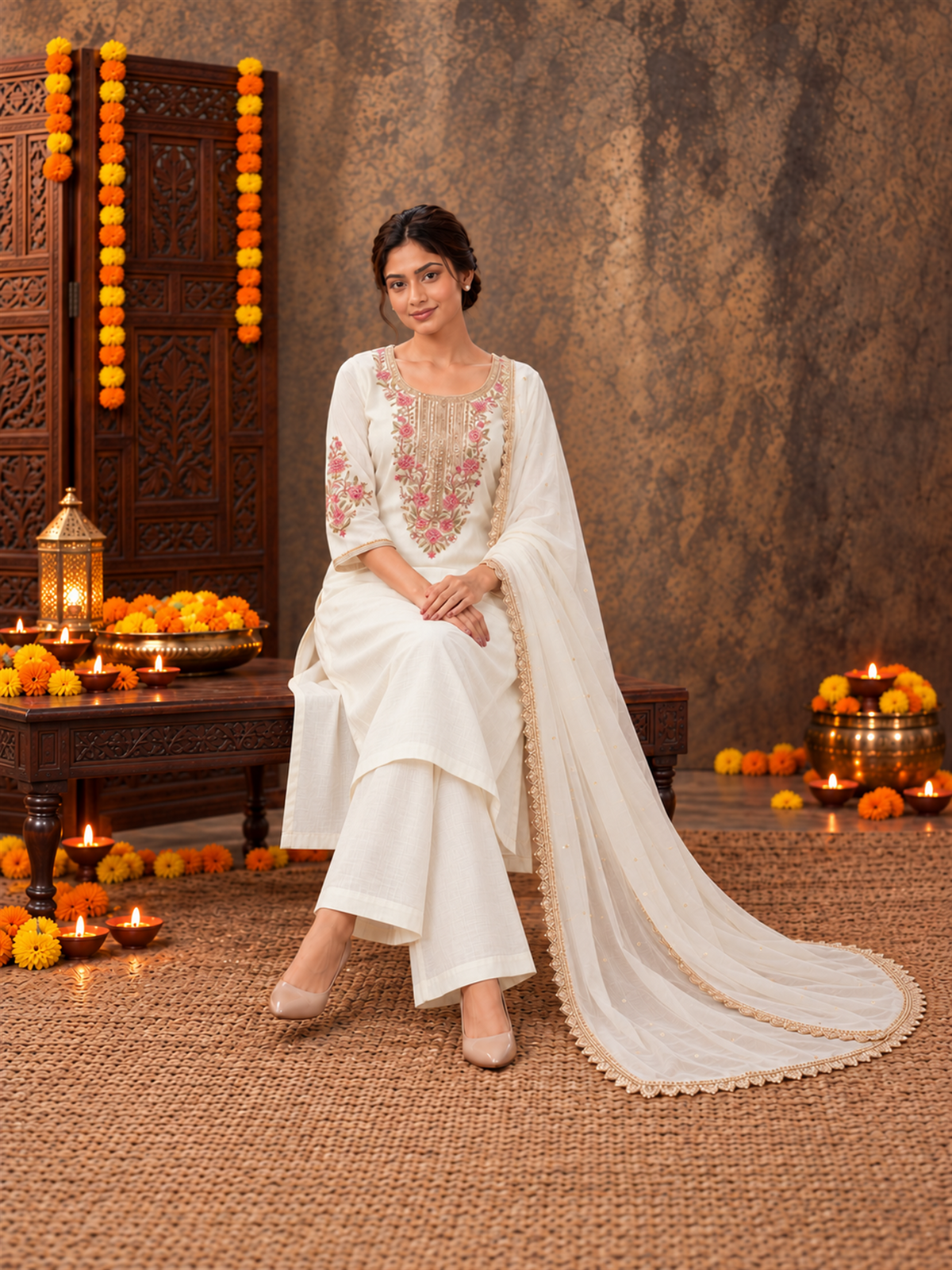 Ivory White Silk Blend Floral Embroidered Kurta Trouser Set with Dupatta & Inner
