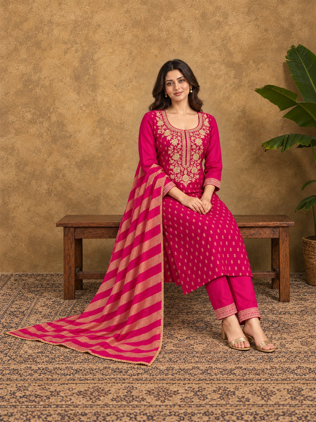 Pink Jacquard Kurta Set with Striped Dupatta