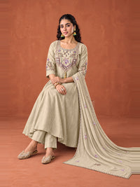 Beige Embroidered Chanderi-Silk Anarkali Set with Dupatta