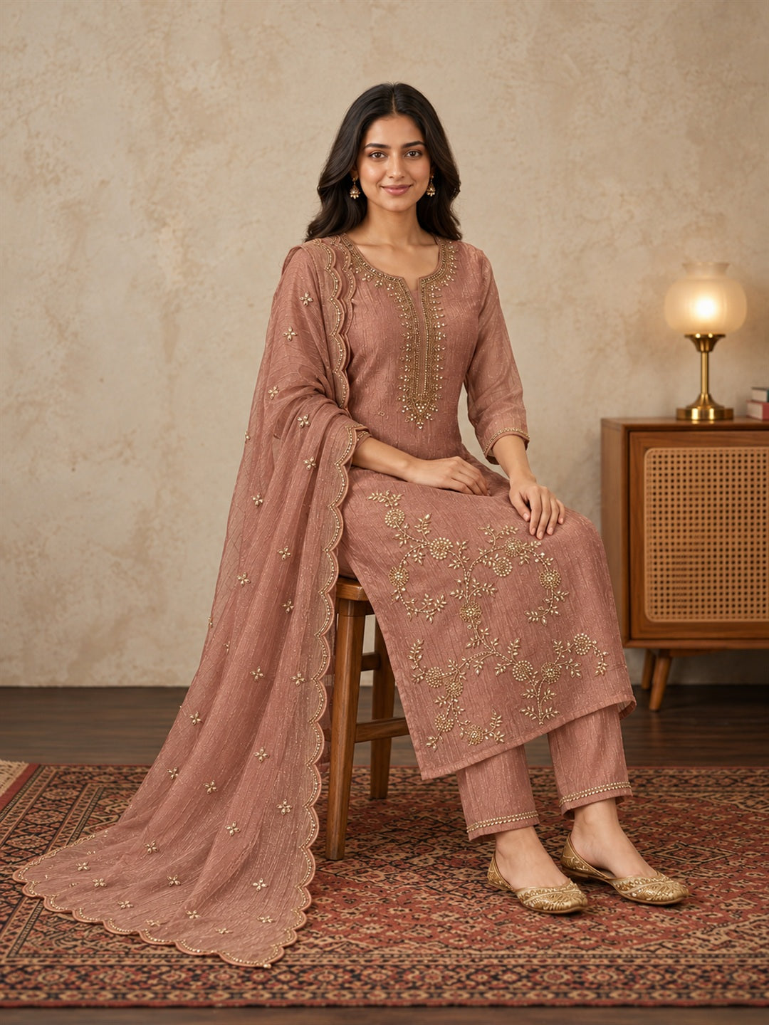 Dusty Rose Floral Embroidered Poly Silk Suit Set