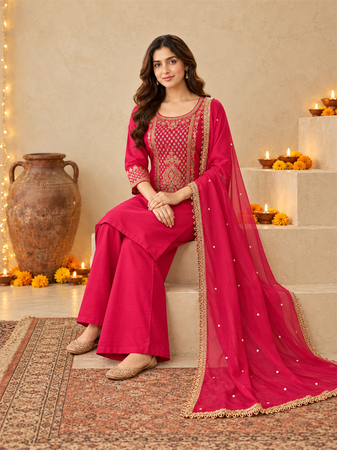 Rani Pink Silk Blend Golden Embroidered Kurta Trouser Set with Dupatta & Inner