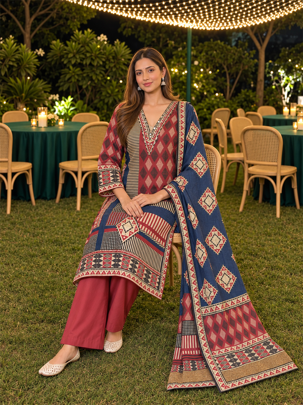 Red & Navy Blue Geometric Printed Silk Blend Straight Kurta Trouser Set with Dupatta