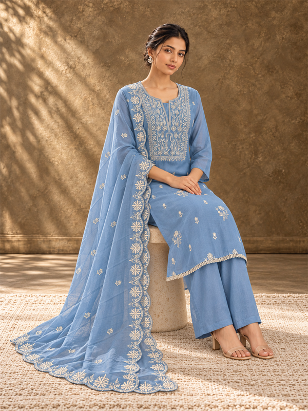 Powder Blue Embroidered Mul Chanderi Kurta Palazzo Set with Dupatta