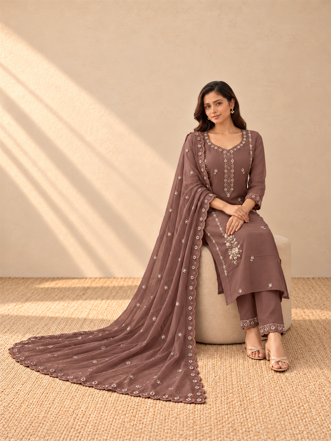 Brown Mul Chanderi Embroidered Straight Kurta Set with Dupatta