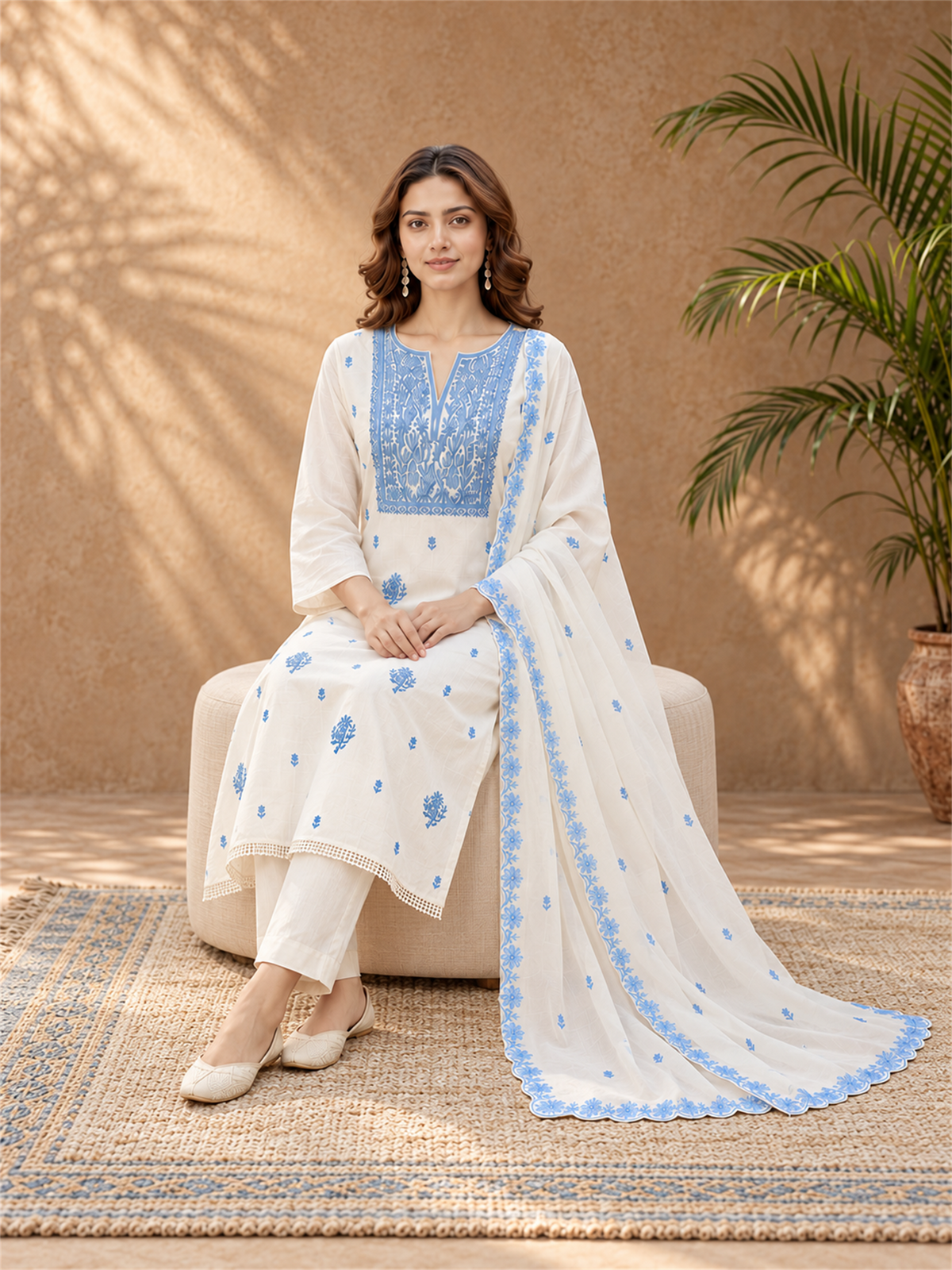 Ivory White & Sky Blue Embroidered Mul Chanderi Kurta Set with Dupatta