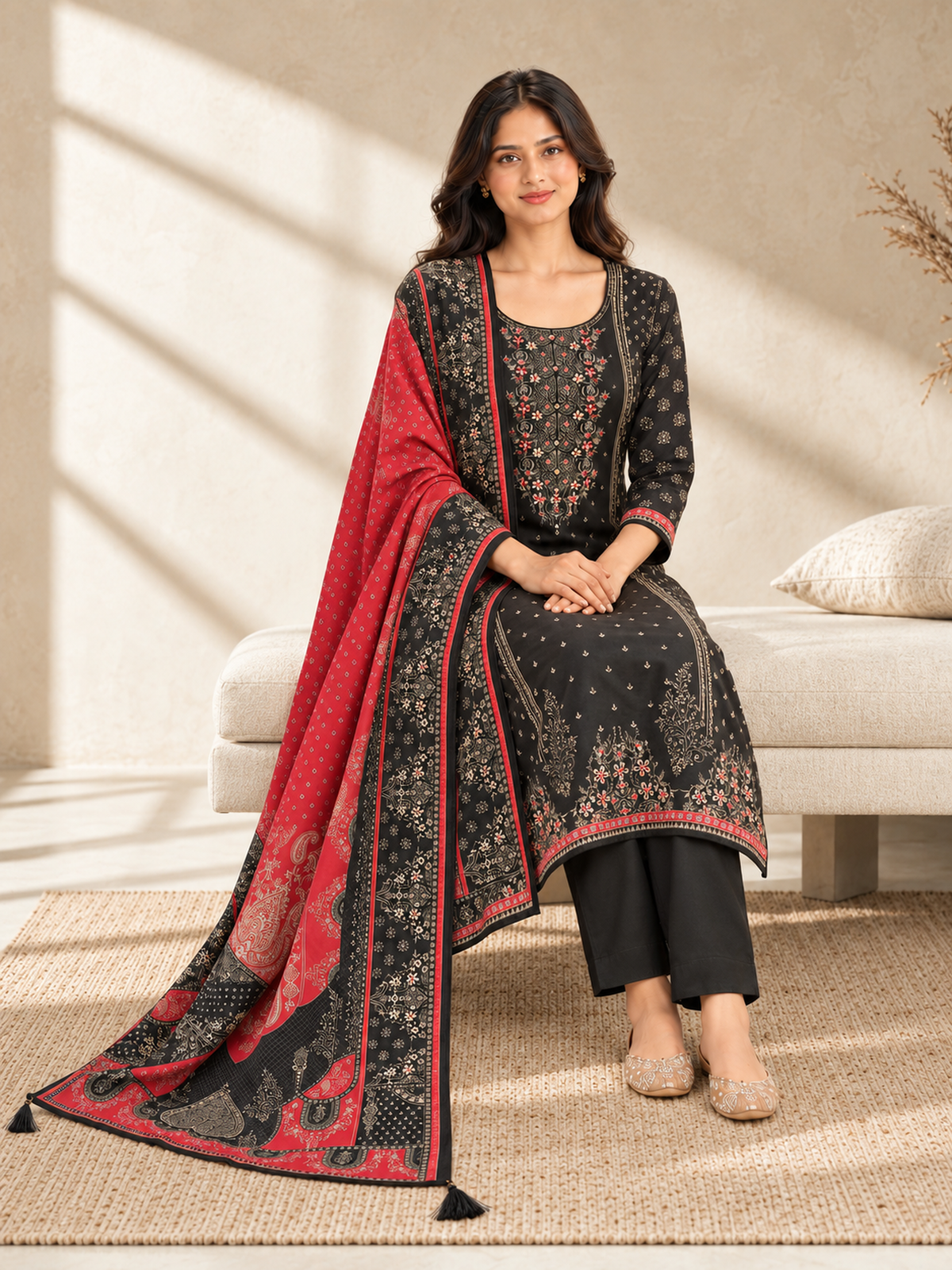 Black Silk Blend Printed Kurta Pant Set with Red Dupatta