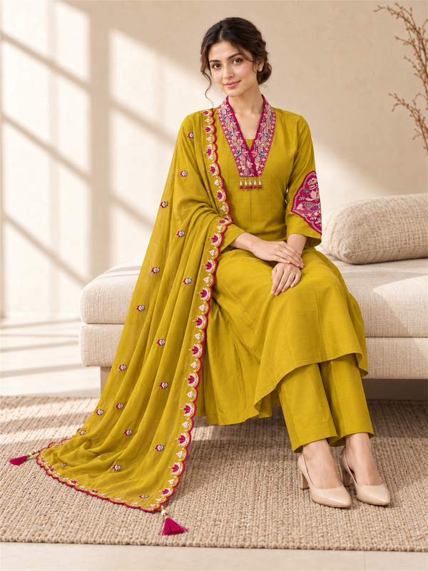 Mustard Chanderi Silk Embroidered Anarkali Suit Set with Dupatta