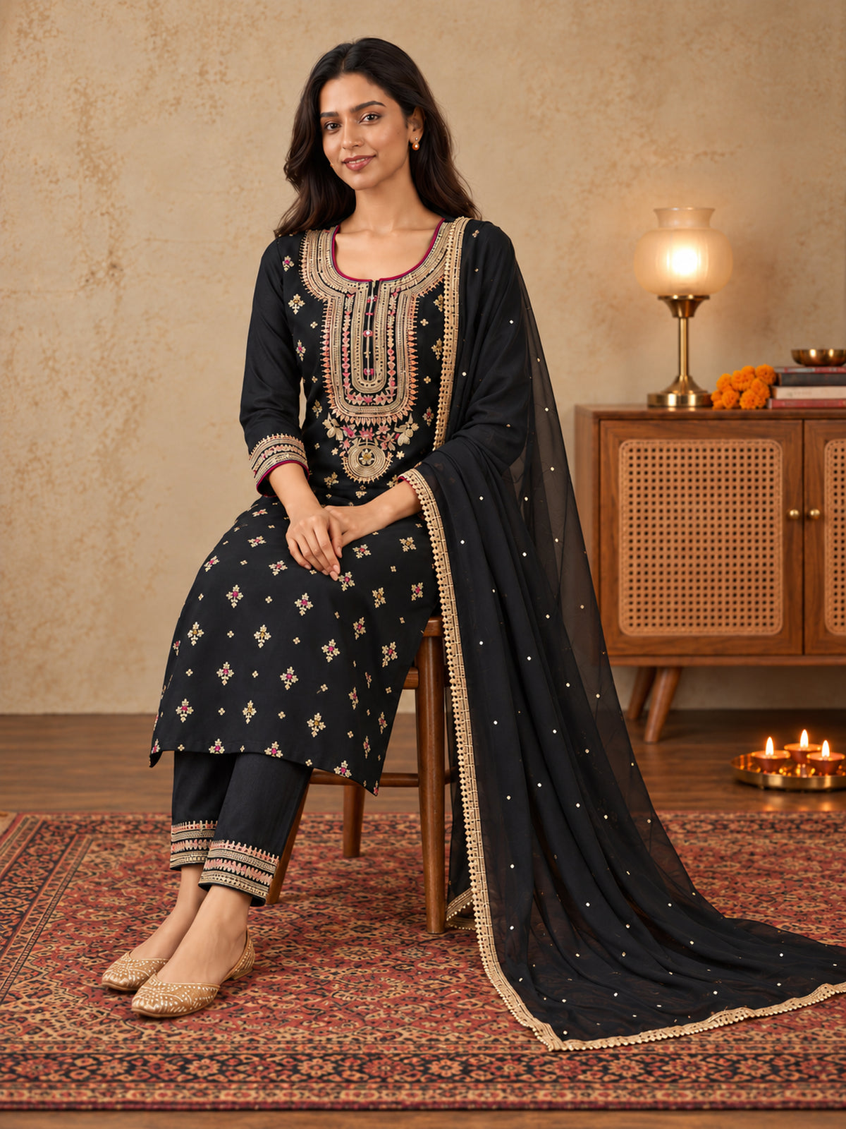 Black Embroidered Silk Blend Straight Suit Set