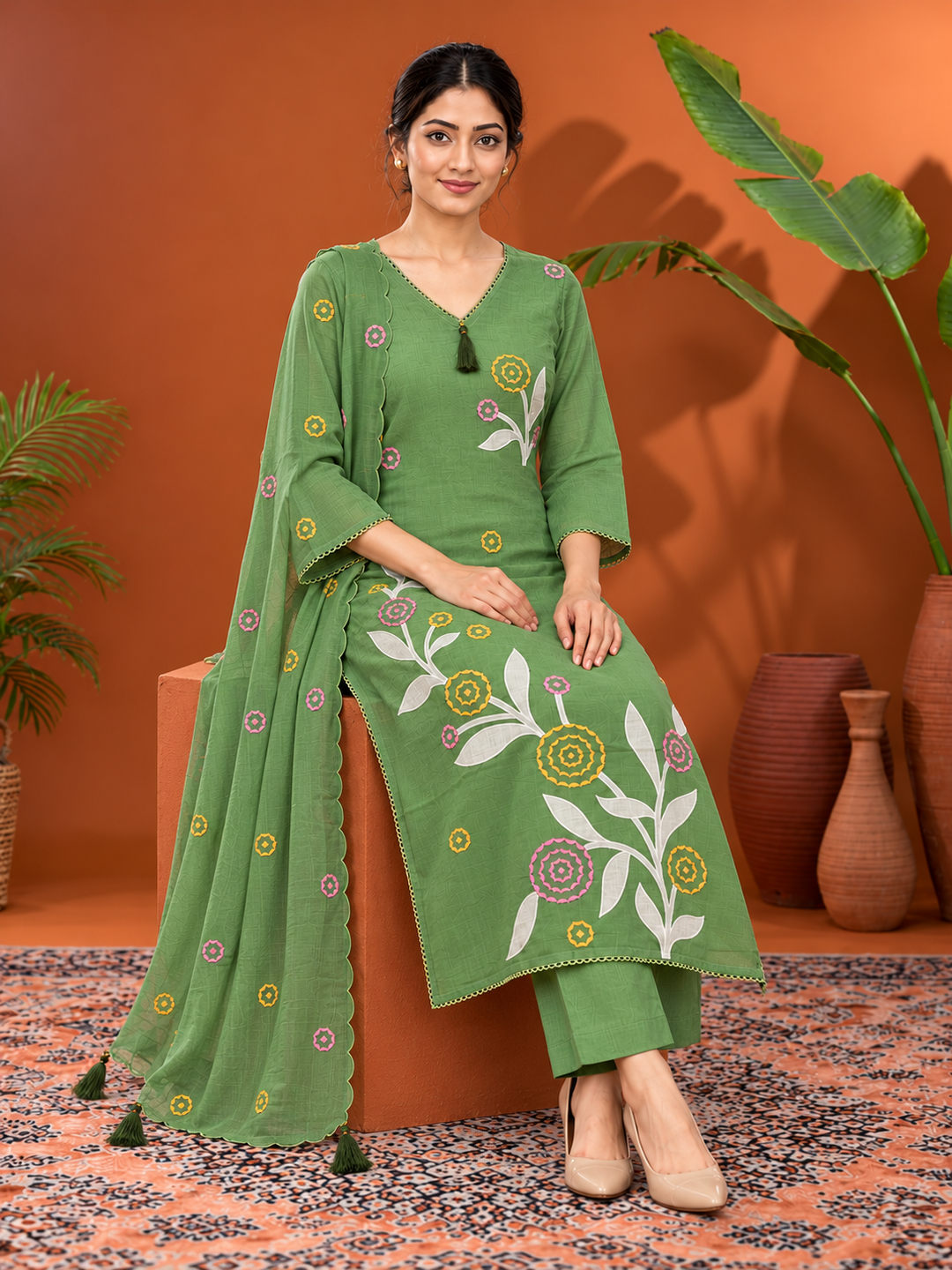 Sage Green Floral Embroidered Mul Chanderi Kurta Set with Dupatta