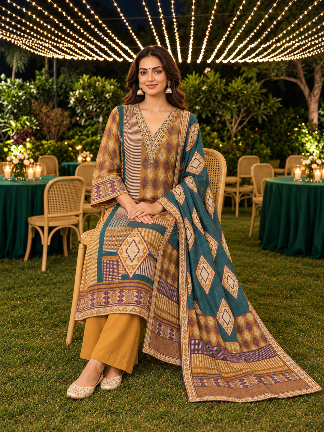 Mustard & Teal Green Geometric Printed Silk Blend Straight Kurta Trouser Set with Dupatta