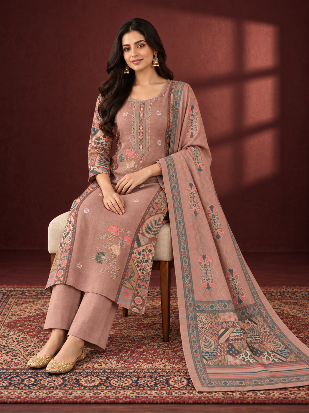 Dusty Rose Pink Floral Embroidered Mul Chanderi Straight Kurta Trouser Set with Printed Dupatta