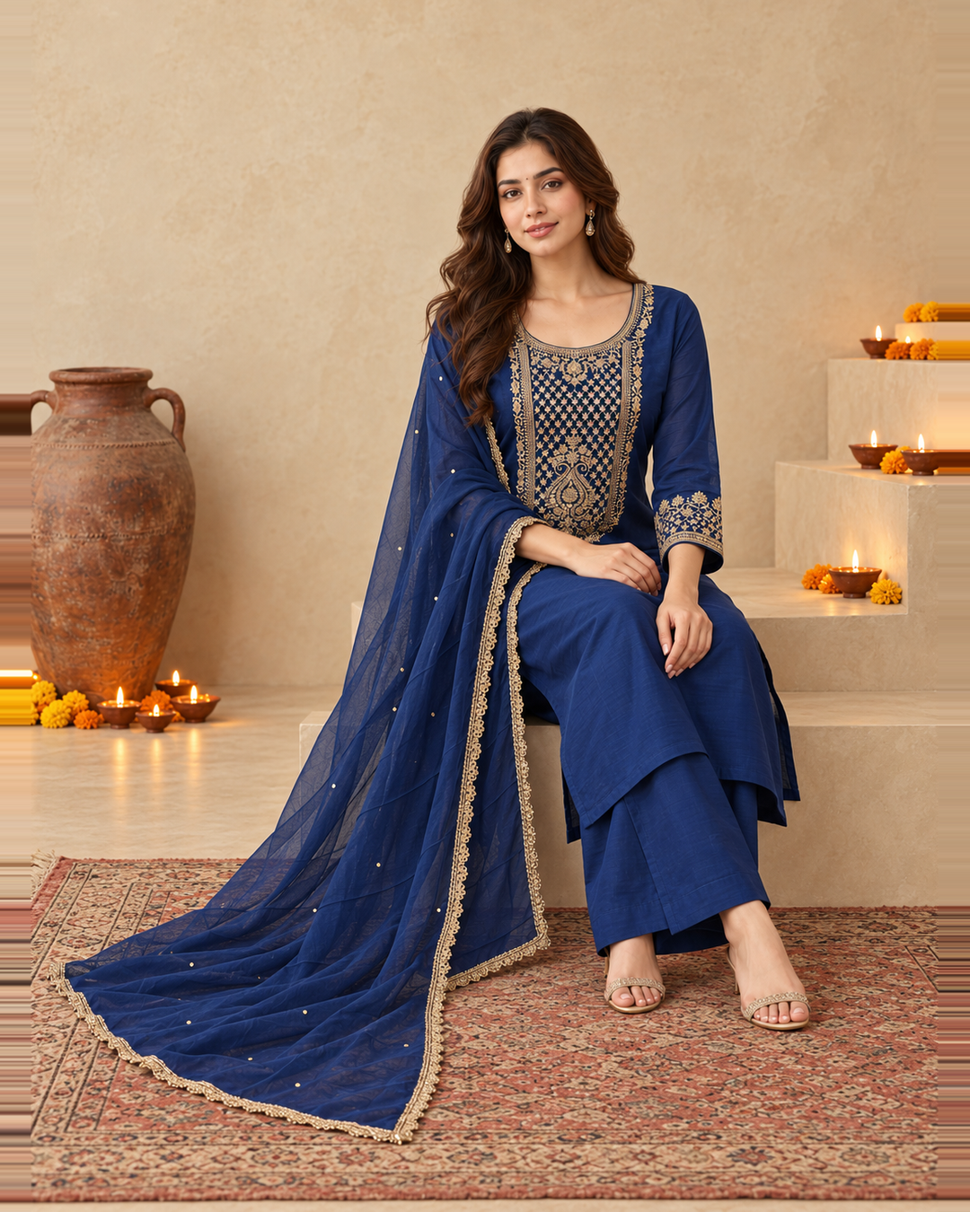 Royal Blue Silk Blend Golden Embroidered Kurta Trouser Set with Dupatta & Inner