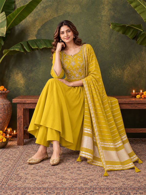 Mustard Chanderi Silk Anarkali Suit Set with Embroidered Dupatta