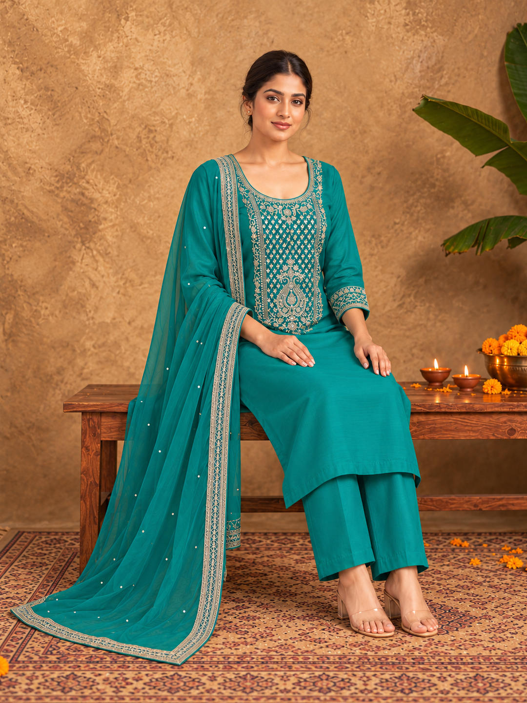 Teal Blue Embroidered Silk Blend Straight Suit Set