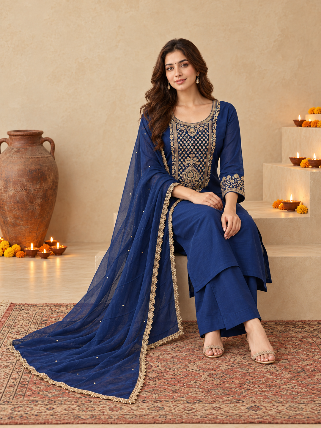 Royal Blue Silk Blend Golden Embroidered Kurta Trouser Set with Dupatta & Inner